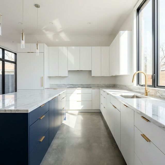 Modern luxury kitchen with navy island and gold accents