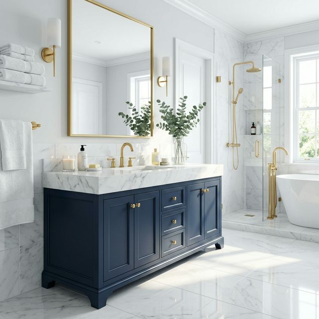 Luxury bathroom with navy vanity and marble countertops